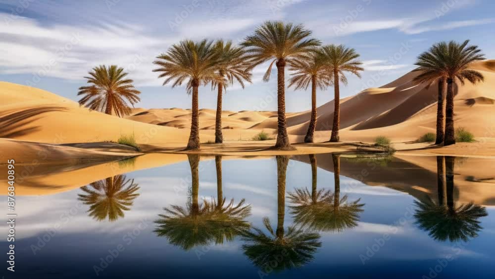 Tranquil desert oasis with lush palms and reflective waters amidst golden dunes under a vast blue sky. Tranquil desert oasis with lush palms and reflective waters amidst golden dunes under a vast blue sky.