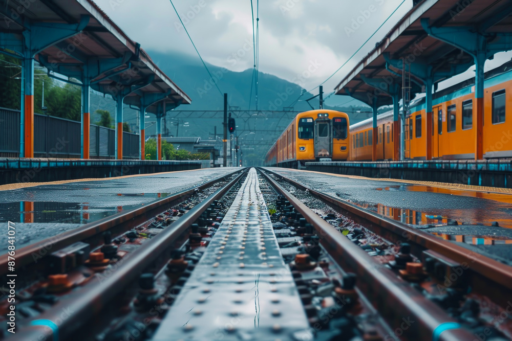 Fototapeta premium A train is sitting on the tracks at a train station