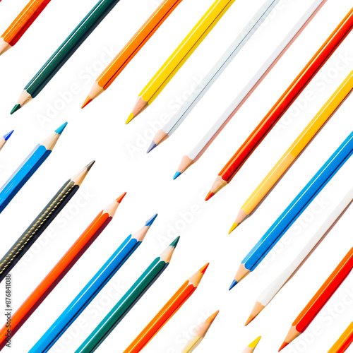 Vibrant colored pencils arranged diagonally on a white background, showcasing a variety of bright and lively colors for art and creativity.