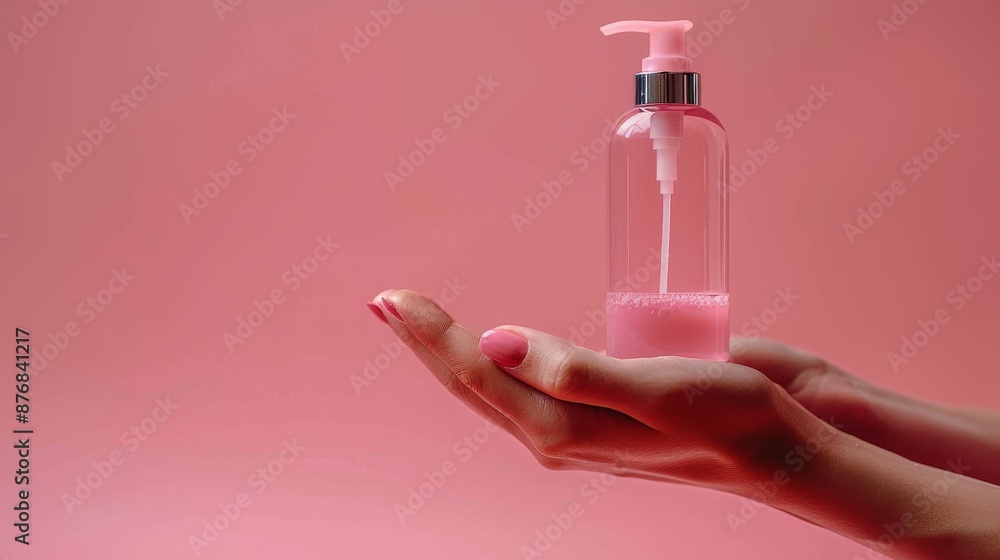 Female hand model holding a plastic pump bottle on color background,pouring shampoo into her hand, enjoying home spa procedure, selective focus. Female hand model holding a plastic pump bottle on color background,pouring shampoo into her hand, enjoying home spa procedure, selective focus.