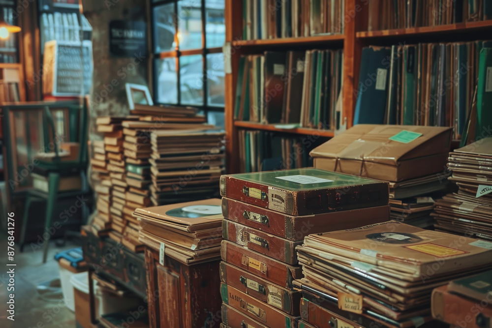 Obraz premium A library with many books and boxes stacked on shelves