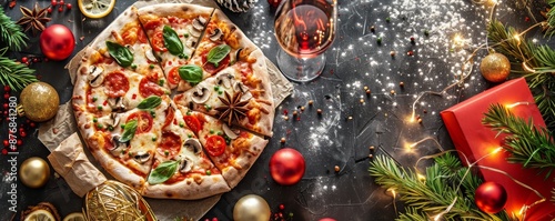 Festive Pizza Feast with Christmas Decor - Top View photo