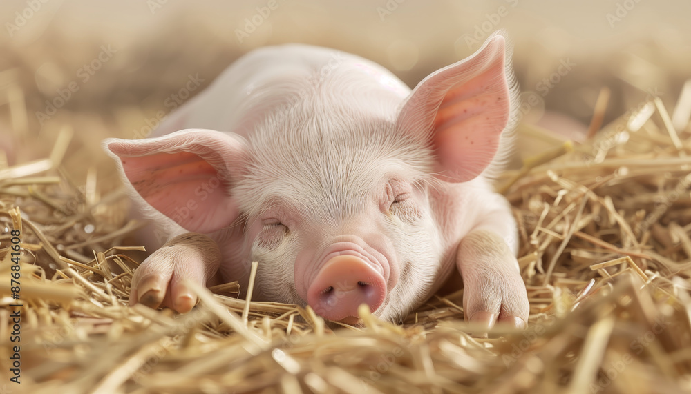 Adorable piglet resting on straw in a barn, capturing the essence of farm life and animal relaxation. Adorable piglet resting on straw in a barn, capturing the essence of farm life and animal relaxation.