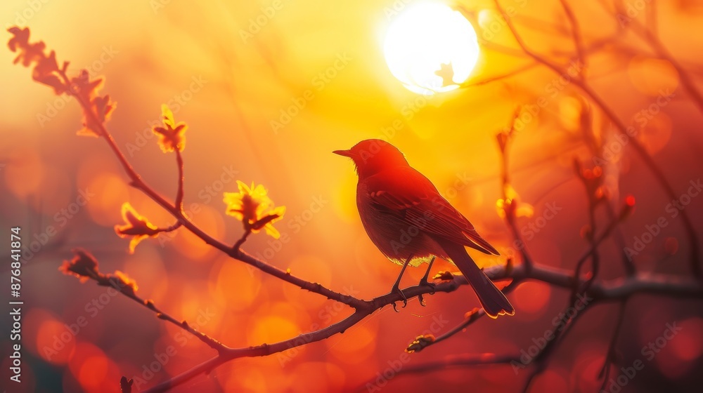 A serene autumn sunset with a silhouetted bird perched on a branch amidst colorful foliage. Perfect for nature and wildlife themes. A serene autumn sunset with a silhouetted bird perched on a branch amidst colorful foliage. Perfect for nature and wildlife themes.