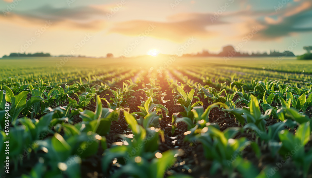 Sunrise over a verdant crop field, capturing the beauty of agriculture and the promise of a new day with green plants and clear skies. Sunrise over a verdant crop field, capturing the beauty of agriculture and the promise of a new day with green plants and clear skies.