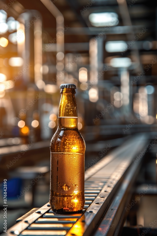 Brown beer bottle with condensation on a conveyor belt in a modern brewery with warm lighting. Brewing industry, beer production, beverage manufacturing, brewery equipment, industrial setting. Brown beer bottle with condensation on a conveyor belt in a modern brewery with warm lighting. Brewing industry, beer production, beverage manufacturing, brewery equipment, industrial setting.