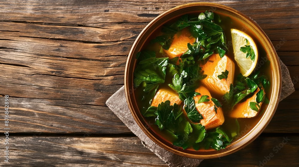 Top view of a bowl filled with salmon soup garnished with fresh parsley and served with a lemon wedge, placed on a rustic wooden table. Top view of a bowl filled with salmon soup garnished with fresh parsley and served with a lemon wedge, placed on a rustic wooden table.