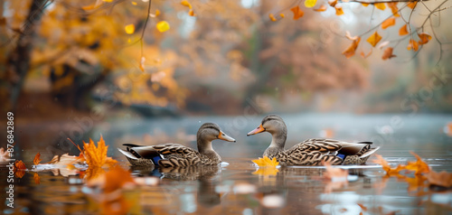 Two ducks swimming in a serene pond surrounded by autumn foliage, colorful leaves floating on the water during fall season. photo