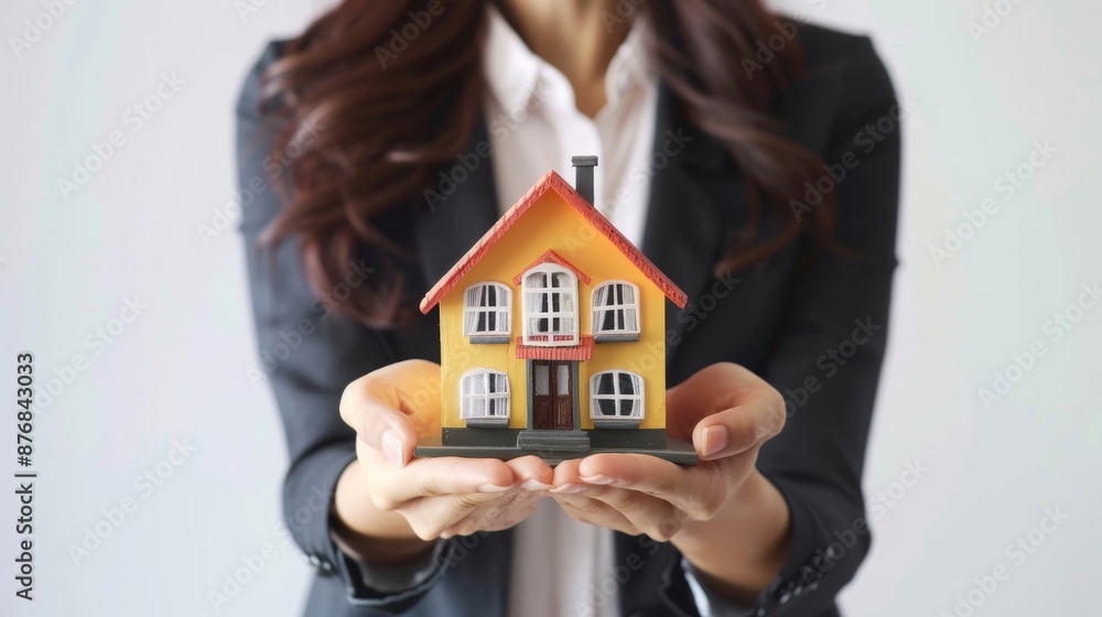 A business woman holds a model house, symbolizing home insurance and real estate. She stands against a white backdrop, representing the secure and stable foundation of real estate investment. A business woman holds a model house, symbolizing home insurance and real estate. She stands against a white backdrop, representing the secure and stable foundation of real estate investment.