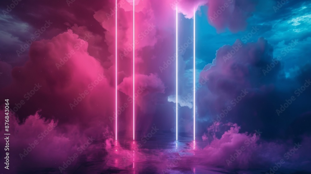 Obraz premium abstract minimal background, pink blue neon glowing vertical lines with copy space, illuminated stormy clouds, glowing geometric shape