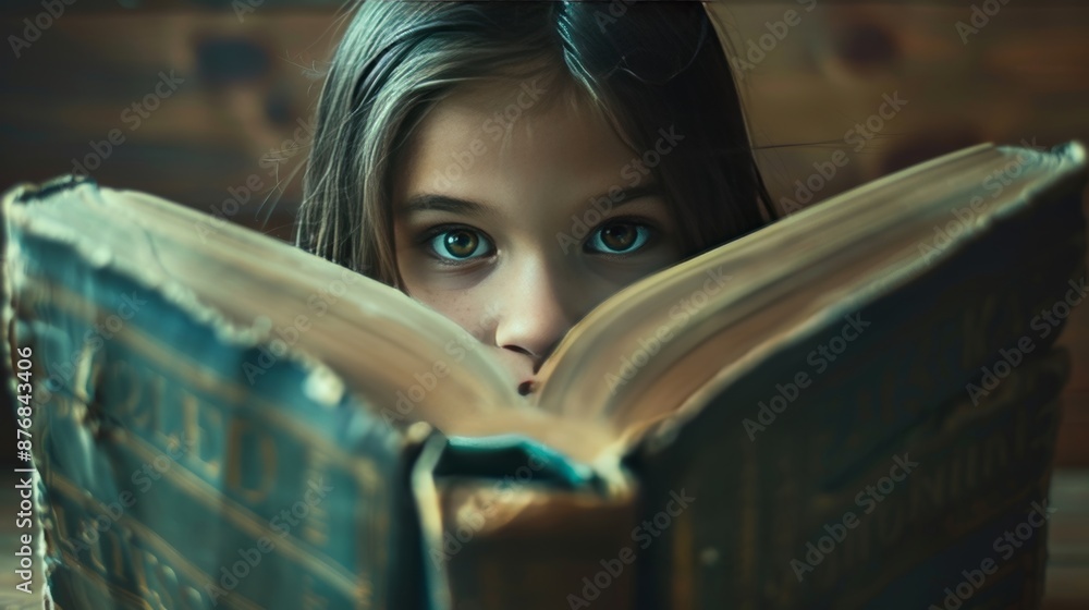 A young girl engrossed in a large book. Banner for World Book Reading or Literacy Day. Book Market or Fair. Online reading. Back to school. College and university concept.