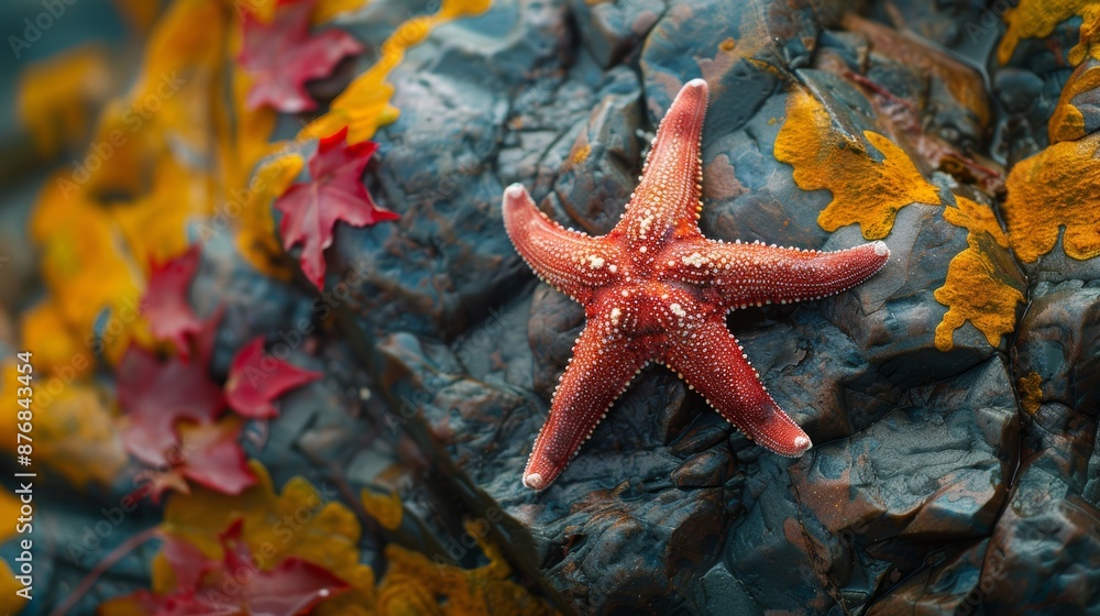 A vibrant starfish rests on a rocky surface surrounded by colorful autumn leaves, showcasing nature's beauty and diversity. A vibrant starfish rests on a rocky surface surrounded by colorful autumn leaves, showcasing nature's beauty and diversity.
