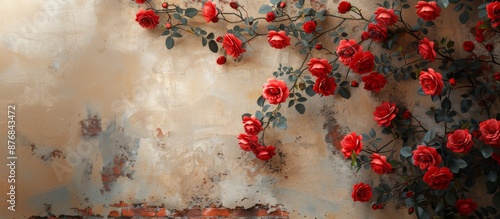 Red rose branches against a warm beige, brick wall 