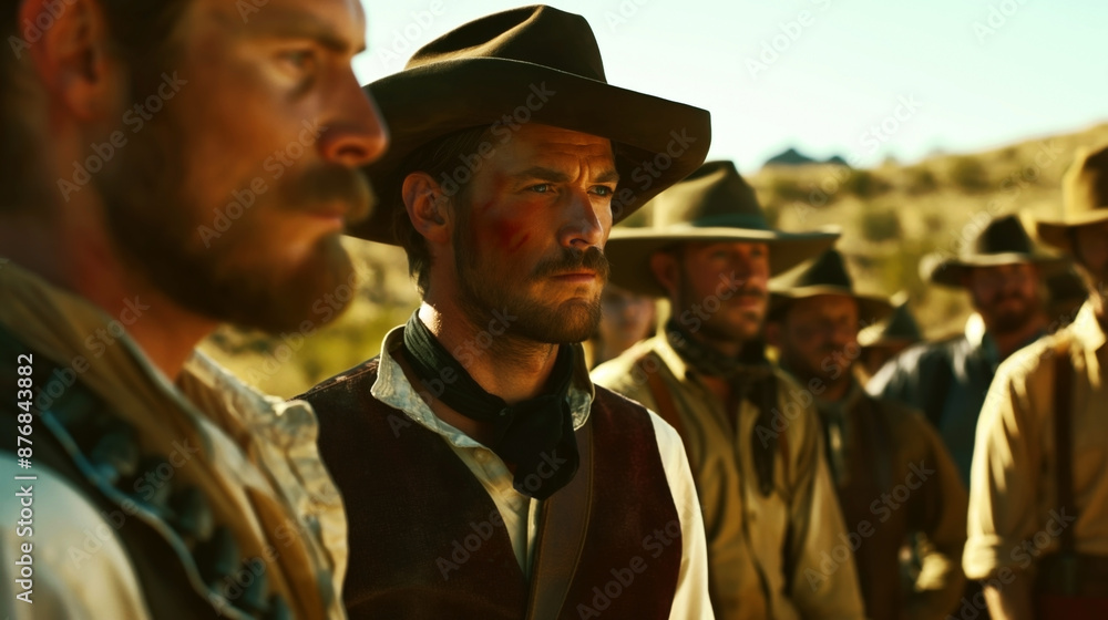 Fototapeta premium A group of men in Old West attire, wearing cowboy hats and vests, stand in a dusty outdoor setting, with a sense of tension or anticipation.