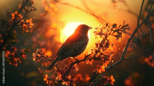 Bird perched on a branch with vibrant flowers and a glowing sunset in the background, creating a peaceful, nature scene. photo