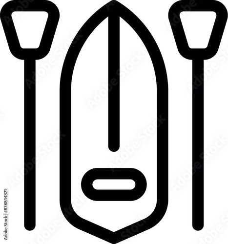 Simple black and white icon of a paddle board with oars, representing the concept of stand up paddling