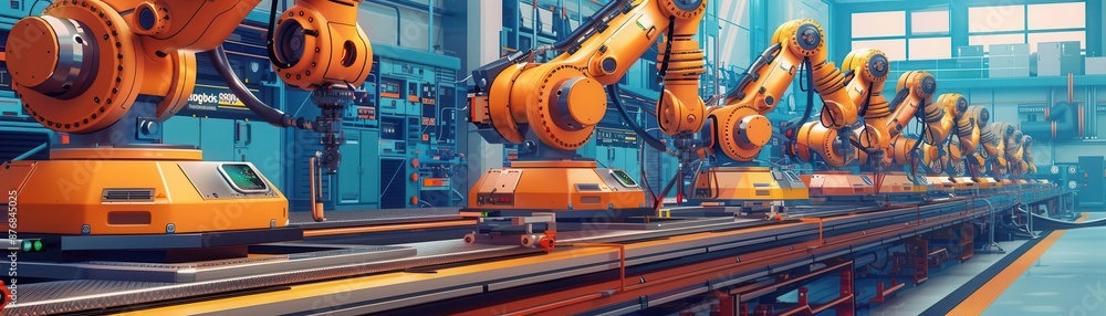 Assembly line with robotic arms and AI-controlled machines, digital illustration, vibrant hues, high detail, industrial automation, advanced robotics Assembly line with robotic arms and AI-controlled machines, digital illustration, vibrant hues, high detail, industrial automation, advanced robotics
