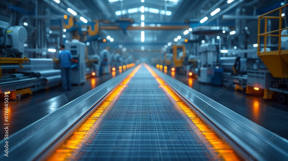 High-Tech Textile Manufacturing Conveyor System. Interior of a high-tech textile manufacturing facility with an advanced conveyor system, highlighting precision and automation in textile production. High-Tech Textile Manufacturing Conveyor System. Interior of a high-tech textile manufacturing facility with an advanced conveyor system, highlighting precision and automation in textile production.
