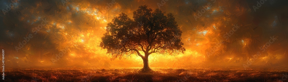 Naklejka premium Stunning solitary tree silhouetted against a dramatic, fiery sunset sky, evoking beauty and tranquility in a natural landscape setting.