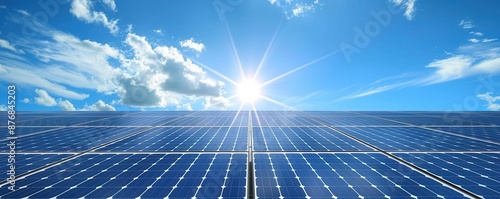 Field of solar panels under a bright sun, digital illustration, vibrant colors, high detail, renewable energy, futuristic setting, clean energy, blue skies