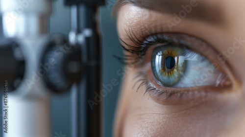 A close-up image of a persons eye during an eye exam