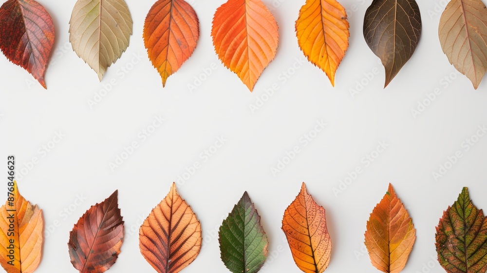 Fototapeta premium Diverse autumnal leaves arranged as a border, white background, crisp details and vivid autumn colors, high resolution, focus cover all object, deep dept of field