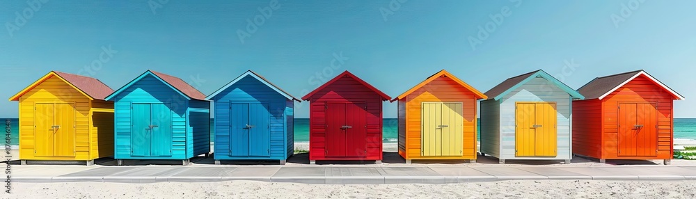 Beach huts in a row with bright colors, clear sky, happy, vibrant, digital art Beach huts in a row with bright colors, clear sky, happy, vibrant, digital art