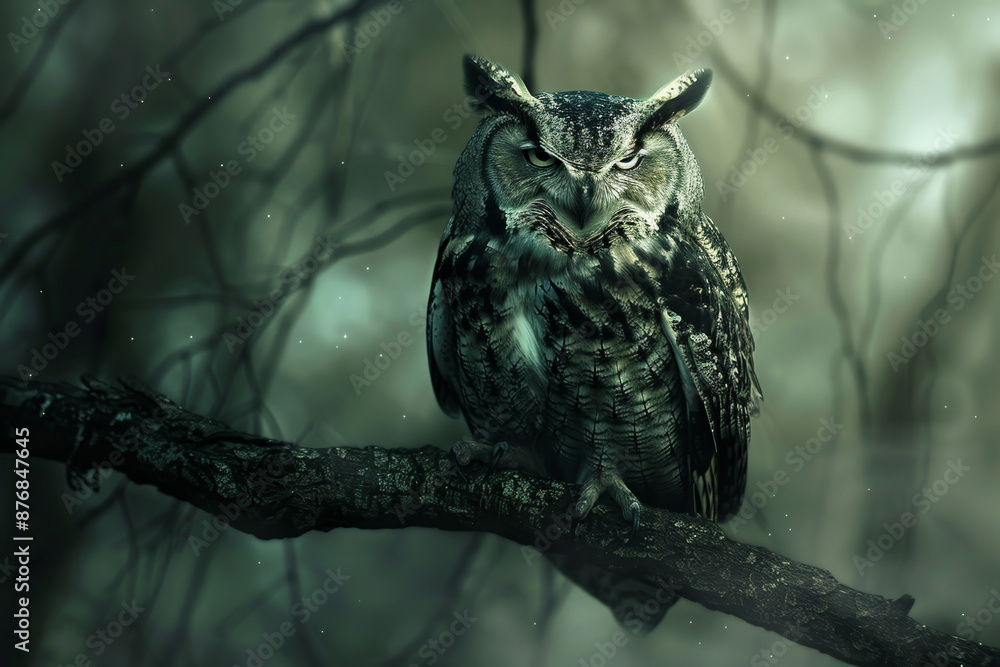 A large owl is perched on a tree branch in a dark forest A large owl is perched on a tree branch in a dark forest