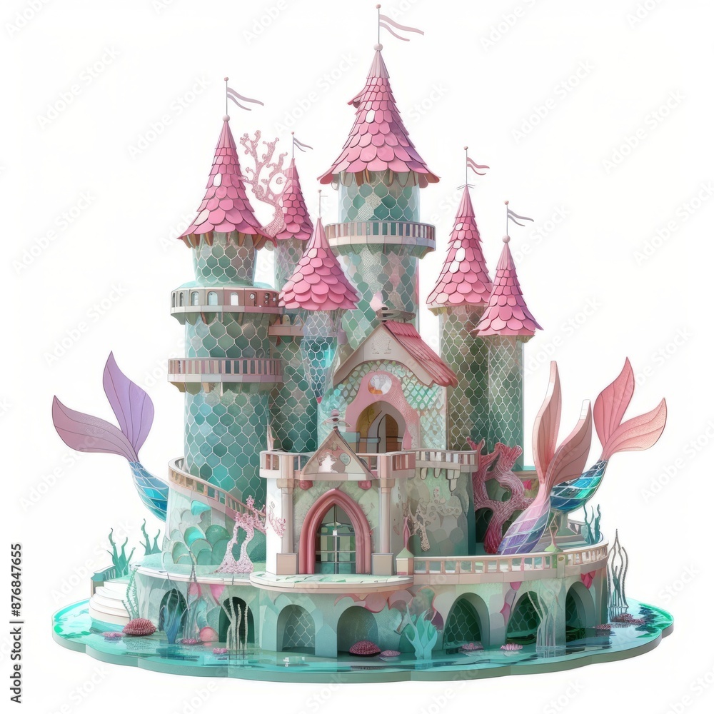 3D Render, Low Poly style of an underwater mermaid castle with shimmering scales and aquatic motifs, on isolated white background, Generative AI 3D Render, Low Poly style of an underwater mermaid castle with shimmering scales and aquatic motifs, on isolated white background, Generative AI