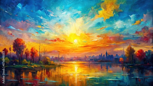 Vibrant abstract painting of sunrise in early morning haze, featuring hand-painted brush strokes, palette knife texture, and dripping smudges of paint thinner in warm hues.