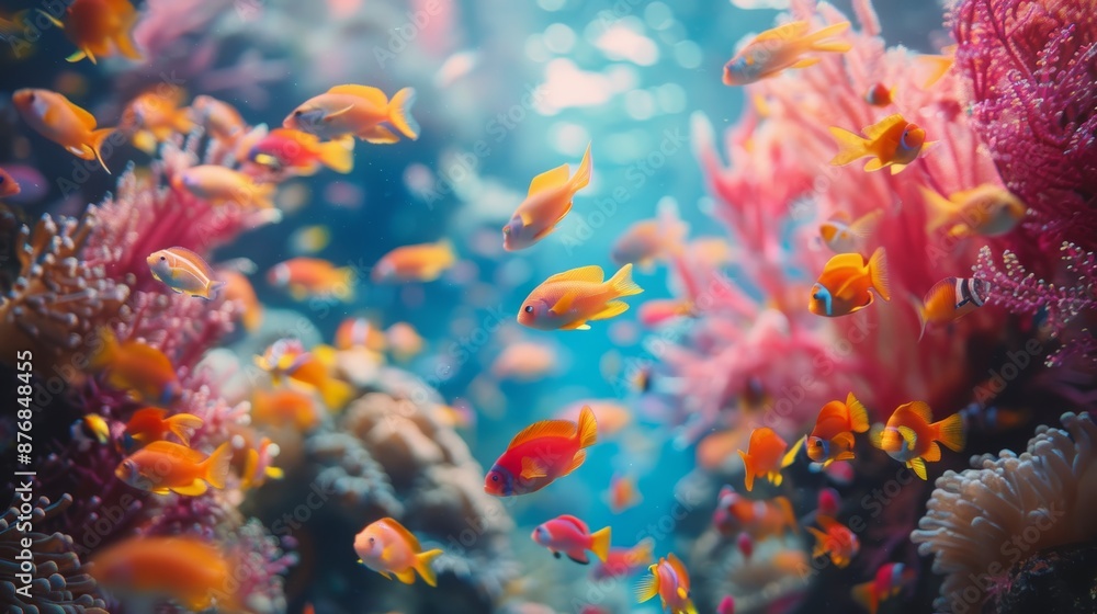 Naklejka premium Colorful underwater scene with vibrant fish and coral reefs in a clear aquatic environment showcasing marine biodiversity and beauty.