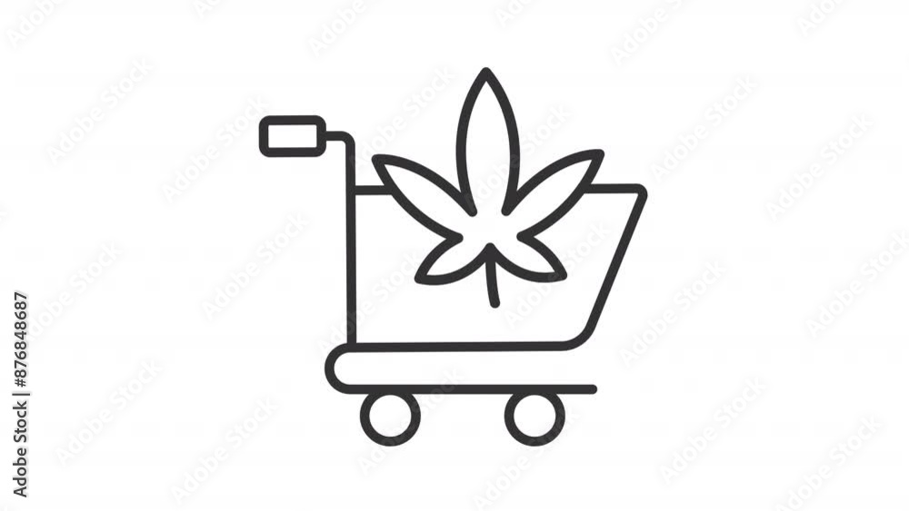 Animated marijuana store icon. Online cannabis market line animation. Dropping weed leaf. Jumping shopping cart. Black illustration on white background. HD video with alpha channel. Motion graphic Animated marijuana store icon. Online cannabis market line animation. Dropping weed leaf. Jumping shopping cart. Black illustration on white background. HD video with alpha channel. Motion graphic