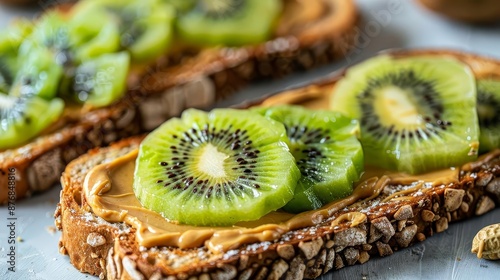 Rustic toast with peanut butter and fresh kiwi slices, proteinpacked breakfast, vibrant and tasty , rule of thirds composition shot, add copyspace for text photo