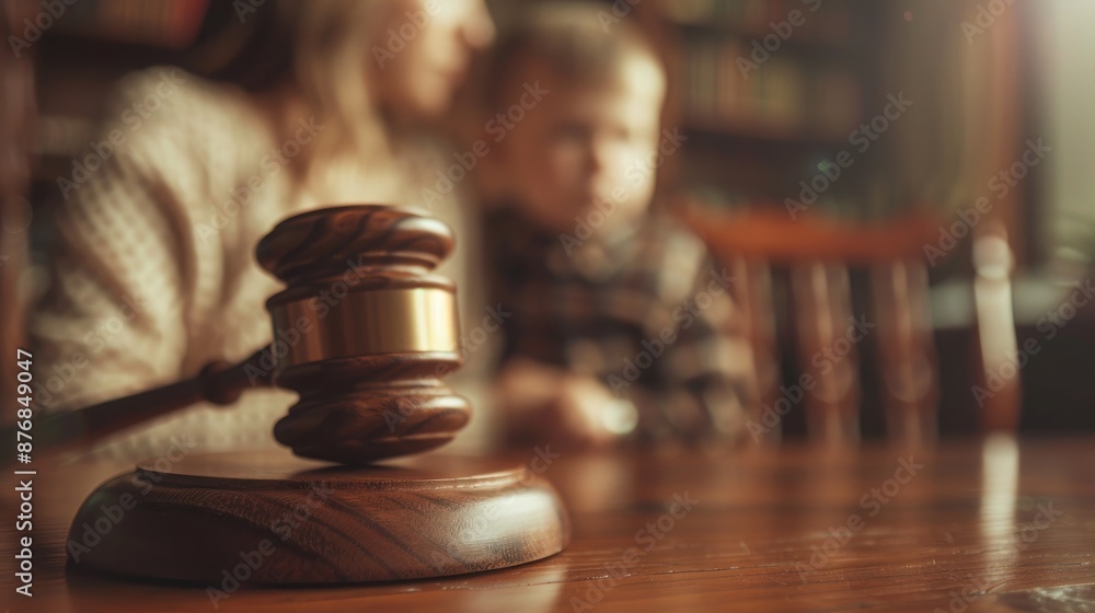 Cute child and mother at table with gavel of judge blurred in background, family law concept Cute child and mother at table with gavel of judge blurred in background, family law concept