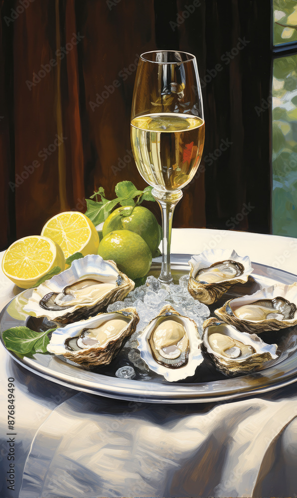 generated illustration of fresh open oysters with lemon slice and glass of wine generated illustration of fresh open oysters with lemon slice and glass of wine