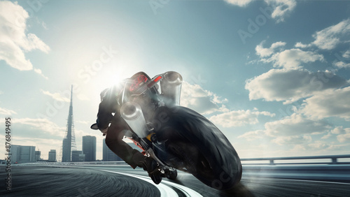 Φωτογραφία Motorcyclist leans into sharp curve, riding bike on modern city racetrack, with the sun shining brightly