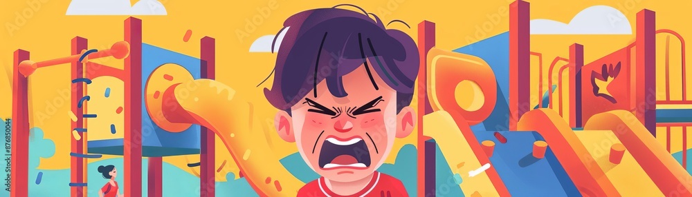 Child feeling angry at a playground, bright equipment, intense emotion , rule of thirds composition shot, simple vector editorial illustration flat pastel color Child feeling angry at a playground, bright equipment, intense emotion , rule of thirds composition shot, simple vector editorial illustration flat pastel color