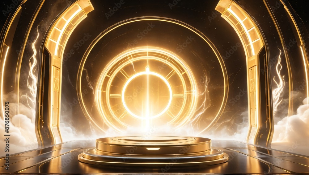 Obraz premium Empty product display podium with advanced technology sci fi golden background