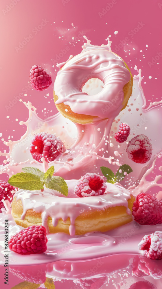Dynamic Pink Doughnut with Raspberries Splashing Dynamic Pink Doughnut with Raspberries Splashing
