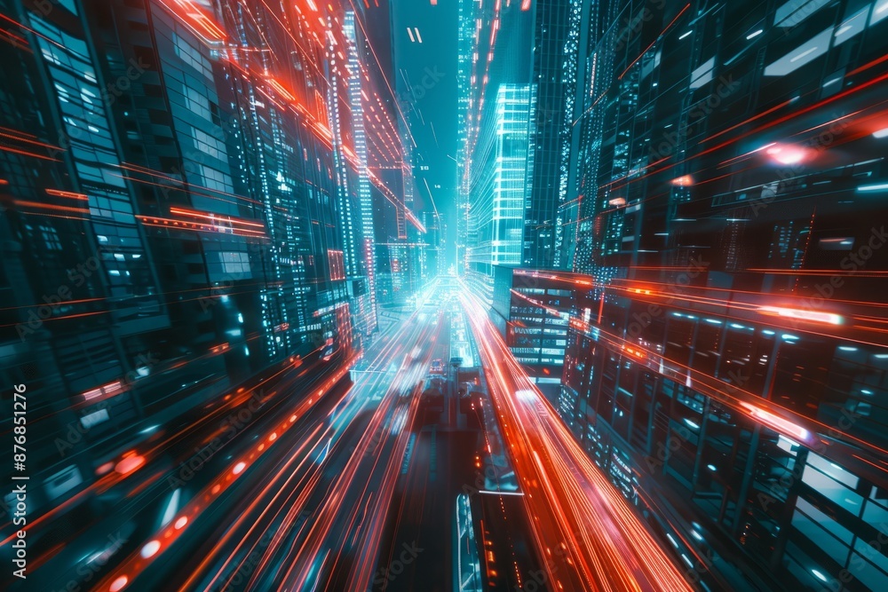 Fototapeta premium Fluorescent red and cyan light trails weaving through a dense, futuristic metropolis, Generative AI