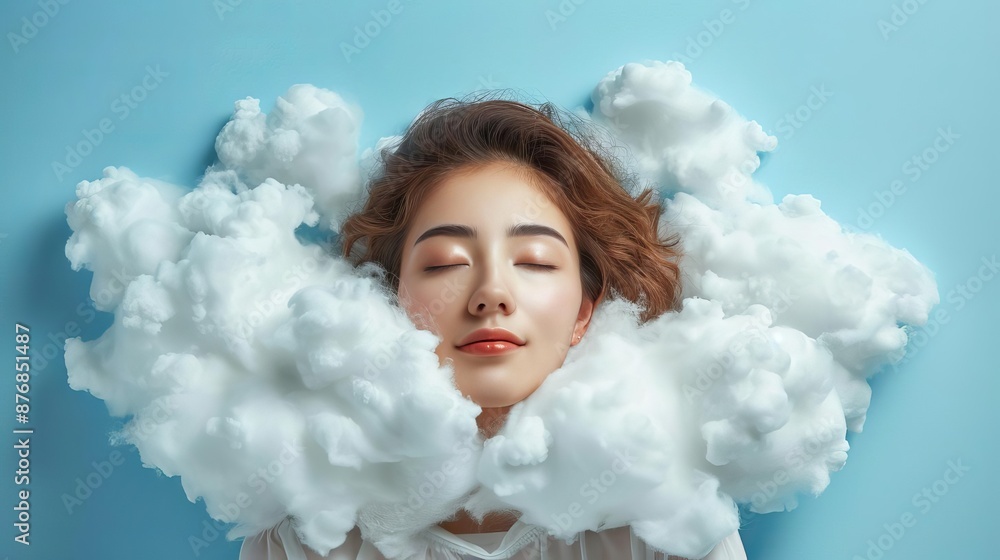Sleeping woman head on white cloud on blue background, dreamy, surreal Sleeping woman head on white cloud on blue background, dreamy, surreal