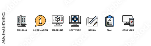 BIM banner web icon illustration concept for building information modeling with icon of building, information, modeling, software, design, plan, and computer	
