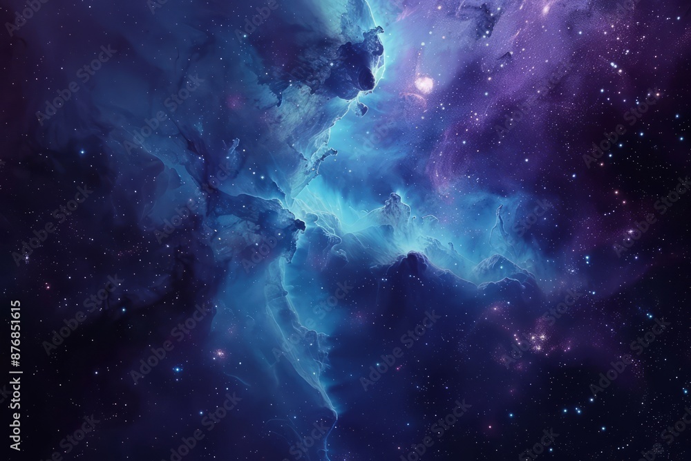 Obraz premium Glowing cyan and purple nebula clouds drifting through the vastness of deep space, Generative AI