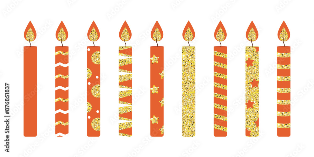 Set of vector beautiful red glitter candles for the cake on white backgroud. Set of candles for birthday cake. Stylish set of candles. Set of vector beautiful red glitter candles for the cake on white backgroud. Set of candles for birthday cake. Stylish set of candles.
