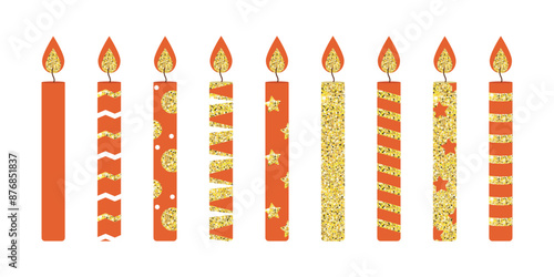 Set of vector beautiful red glitter candles for the cake on white backgroud. Set of candles for birthday cake. Stylish set of candles.