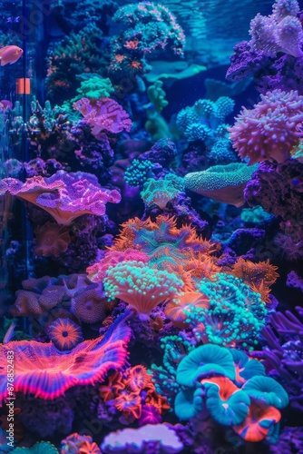 Glowing teal and pink underwater coral reef teeming with fluorescent marine life, Generative AI