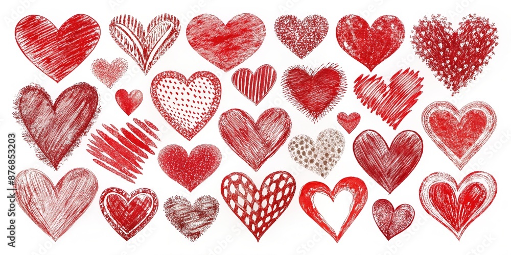 Hand-drawn grunge hearts in various shapes and sizes on a plain white background, creating a unique and edgy set of love signs for design and illustration purposes. Hand-drawn grunge hearts in various shapes and sizes on a plain white background, creating a unique and edgy set of love signs for design and illustration purposes.