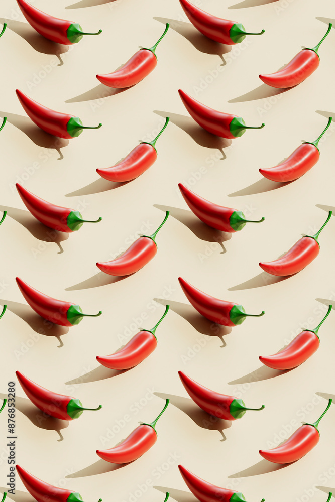 Red chili peppers arranged in seamless pattern on beige background Red chili peppers arranged in seamless pattern on beige background