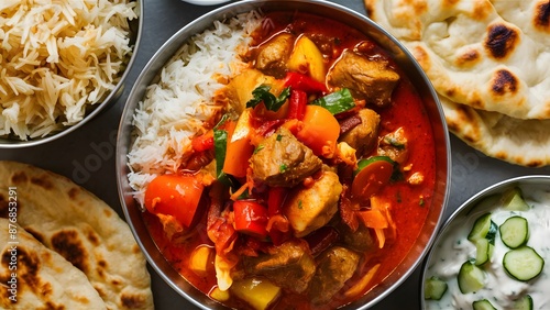 A vibrant Indian curry with tender chicken pieces in a fragrant sauce of turmeric, ginger, and garam masala, served with fluffy basmati rice and a side of cooling raita, tandori roti photo