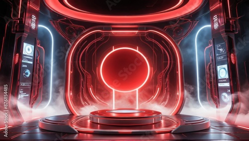 Empty product display podium with advanced technology sci fi red background